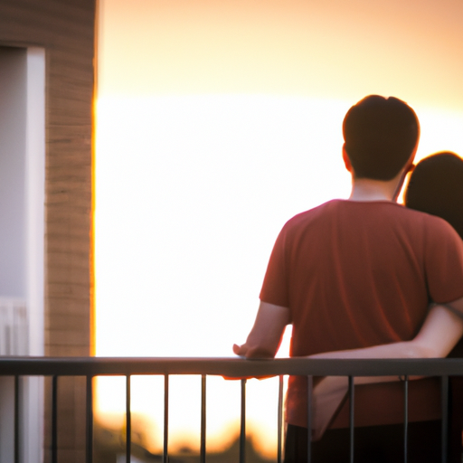 זוג מחזיק ידיים ומסתכל על השקיעה מהמרפסת של ביתם החדש