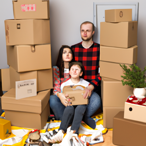 משפחה מאושרת בדירת ירשולס החדשה, מוקפת בארגזים ארוזים בקפידה