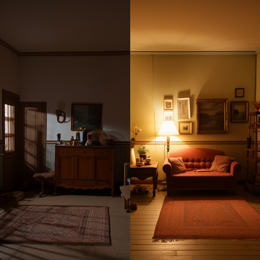 1. תמונה המציגה חדר מואר גרוע לעומת חדר מואר היטב, המדגימה את ההבדל שהתאורה יכולה לעשות.