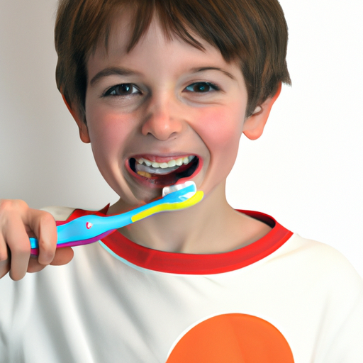 תמונה של ילד מצחצח בשמחה את שיניו עם מברשת שיניים צבעונית עם נושא אופי